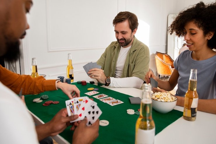 Dealer Three Card Poker di a99bet menampilkan tiga kartu di meja hijau